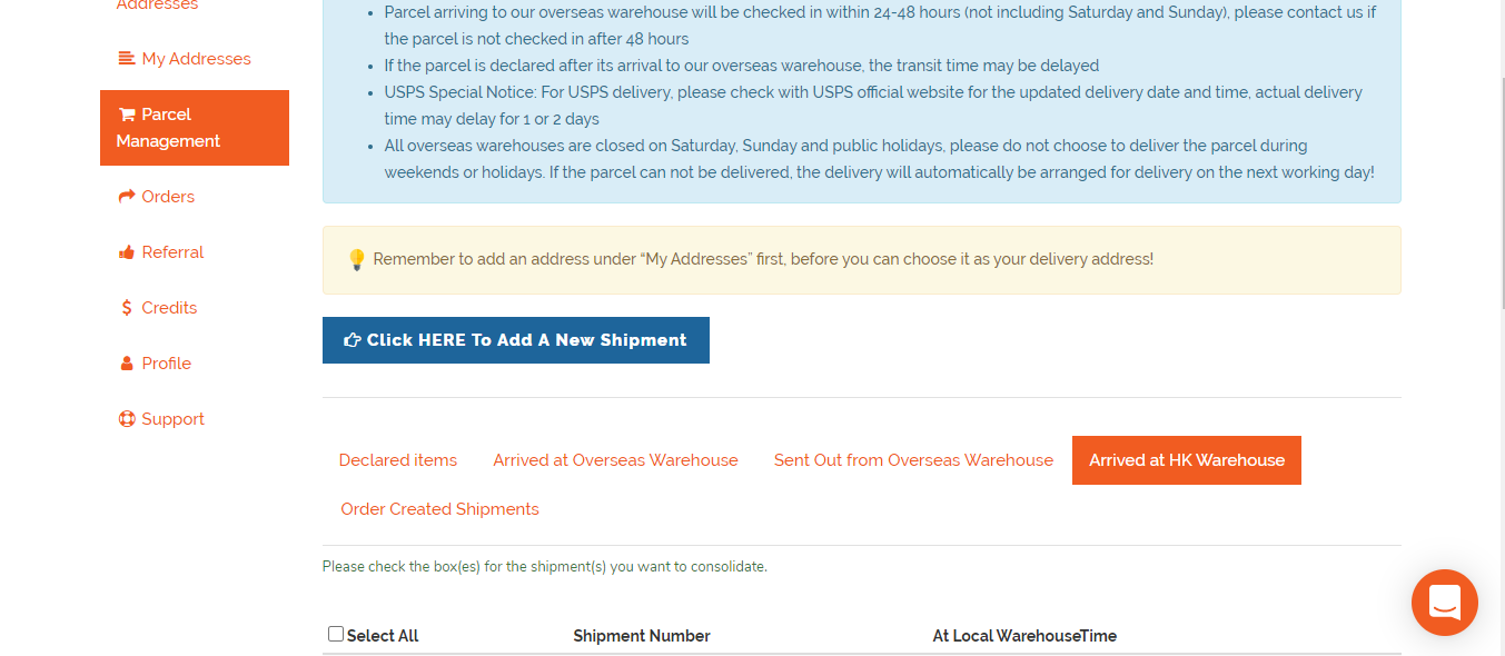 Step 09: Wait For Your Parcel To Be in Parcel Management “Arrived At HK Warehouse”