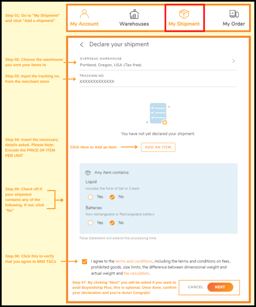 Pokemon Center US Shopping Tutorial 9: declare your shipments on Buyandship member centre after receiving Pokemon Center US shipping email