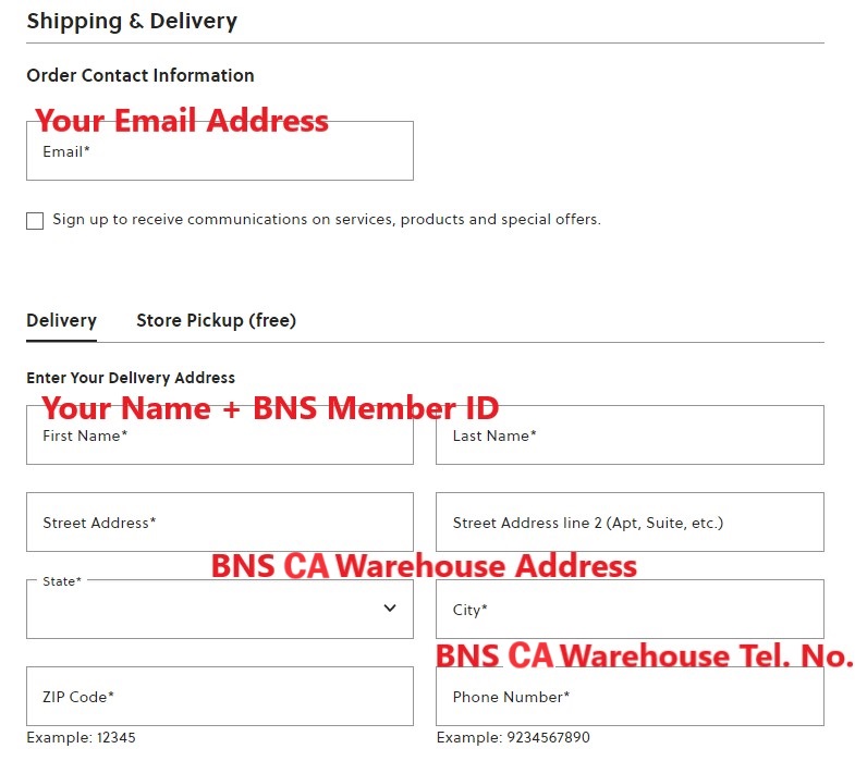 Fossil Canada Shopping Tutorial 6: enter BNS CA warehouse address