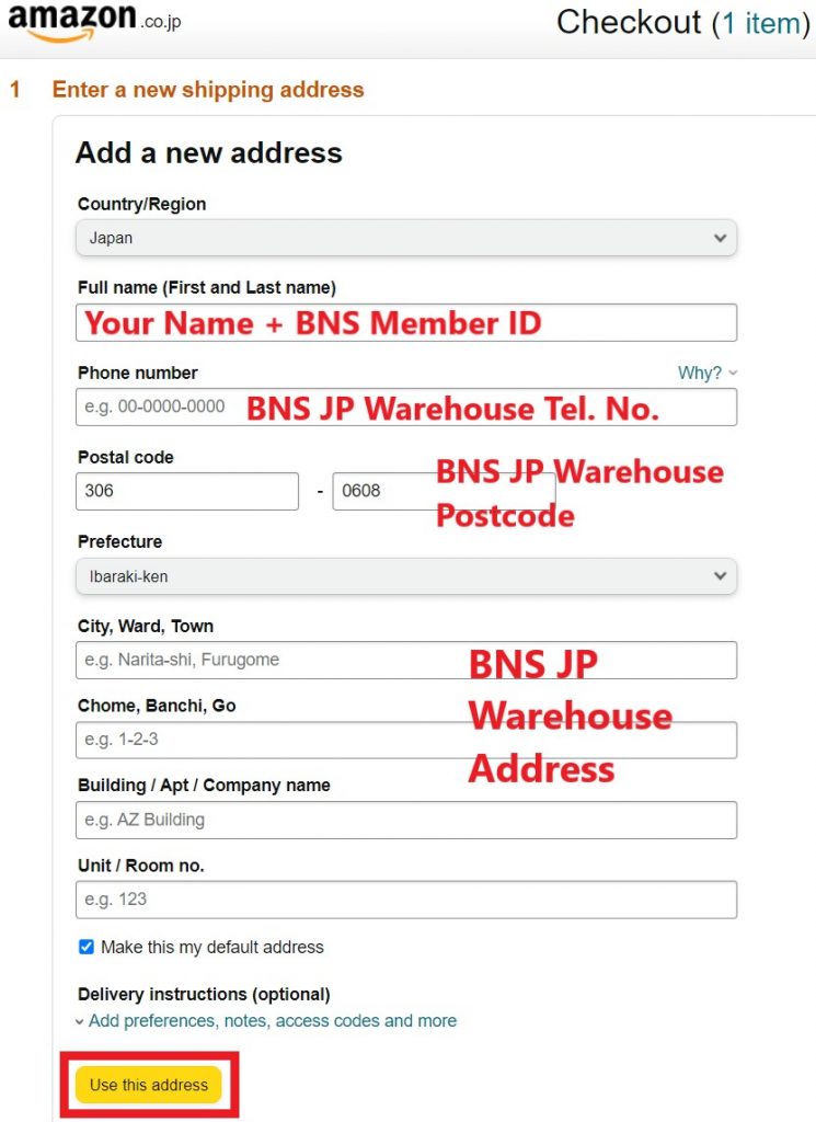 Amazon Japan Shopping Tutorial 6: Enter Buyandship's Japan warehouse address
