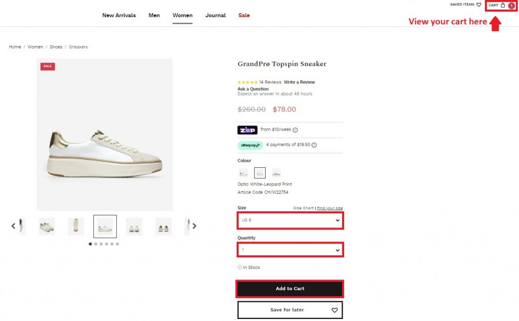 Cole Haan AU Shopping Tutorial 4: Add Items to Cart