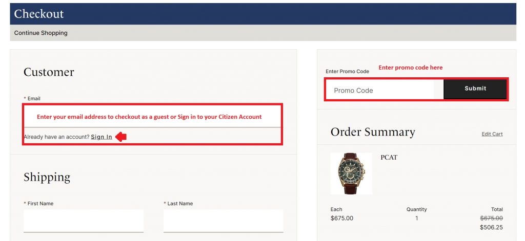Citizen Shopping Tutorial 5: Enter your email address to checkout as a guest or log in to your Citizen Account