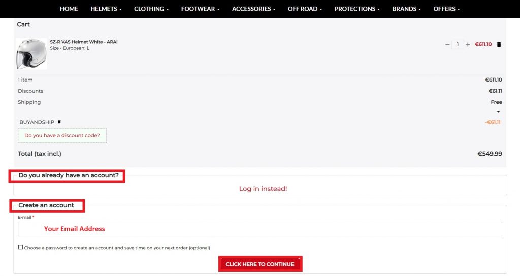 Motobeat Shopping Tutorial 6: Upon checkout, log in or create an account on Motobeat Italy
