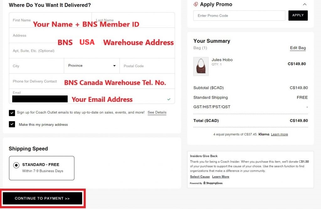Coach Outlet Shopping Tutorial 7: fill in Buyandship's USA warehouse address as shipping address