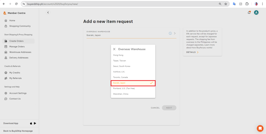Tabechoku x Buyforyou Tutorial 3: Click Place Order and Select Japan