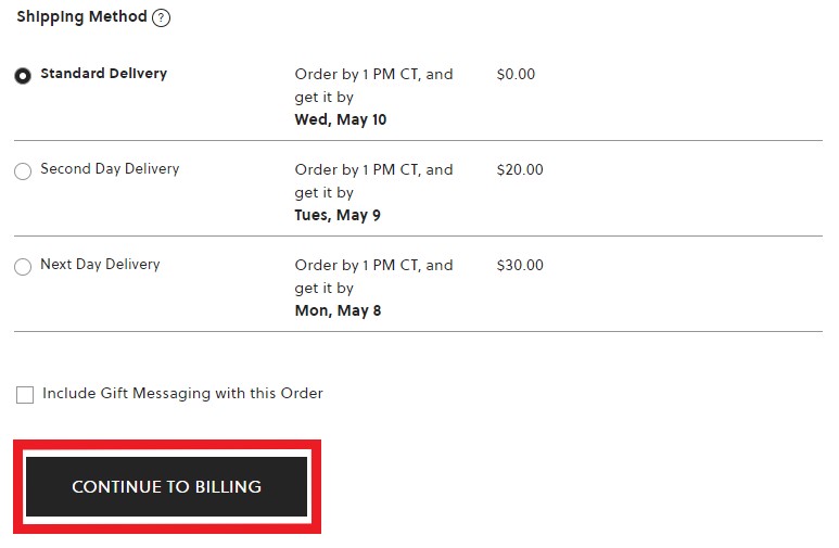 Fossil Canada Shopping Tutorial 7: shipping method