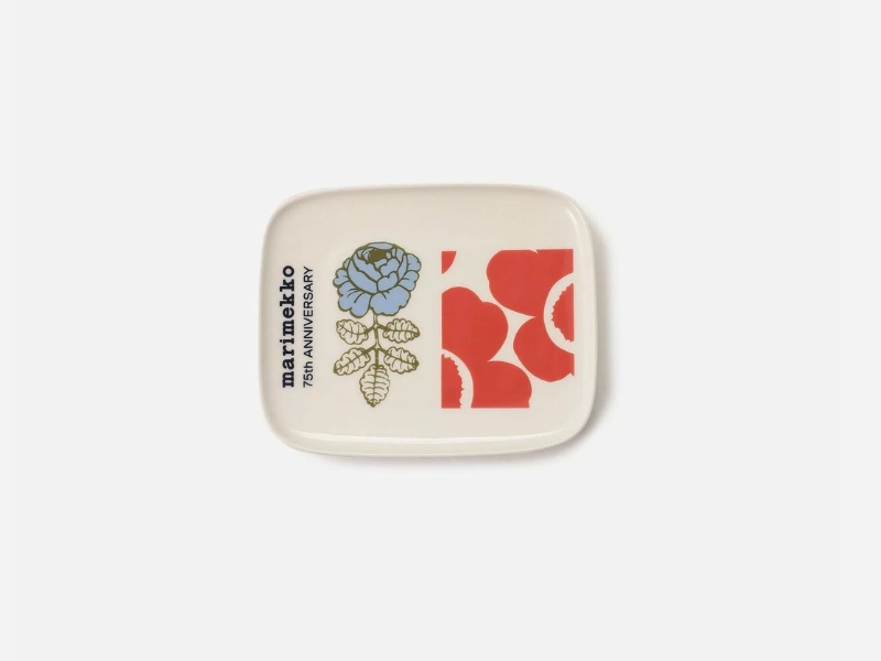 Marimekko 75th Anniversary square ceramic-style plate 15x12cm with split pattern design, microwave safe Japan-exclusive