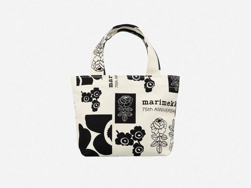 Marimekko Nyytti Anniversary tote bag in off-white and black patchwork pattern, Japan-exclusive 100% cotton design