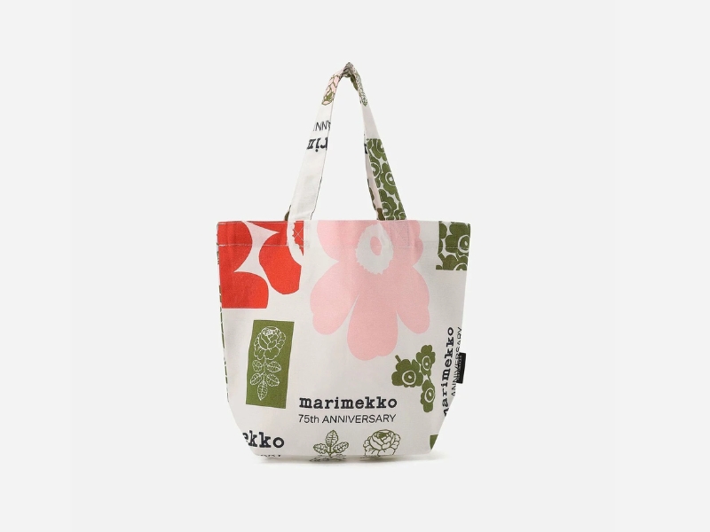 Marimekko 75th Anniversary compact tote bag with scattered large and small pattern print, Rakuten Fashion Japan-exclusive presale