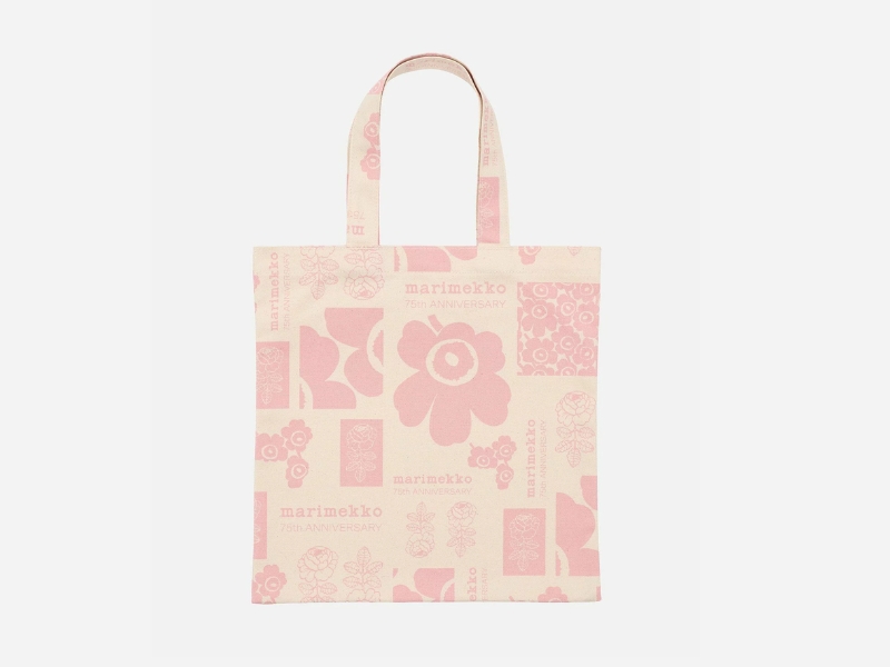 Marimekko Vankka 75th Anniversary tote bag in pink with Unikko and Vihkiruusu floral print, 100% cotton Japan-exclusive