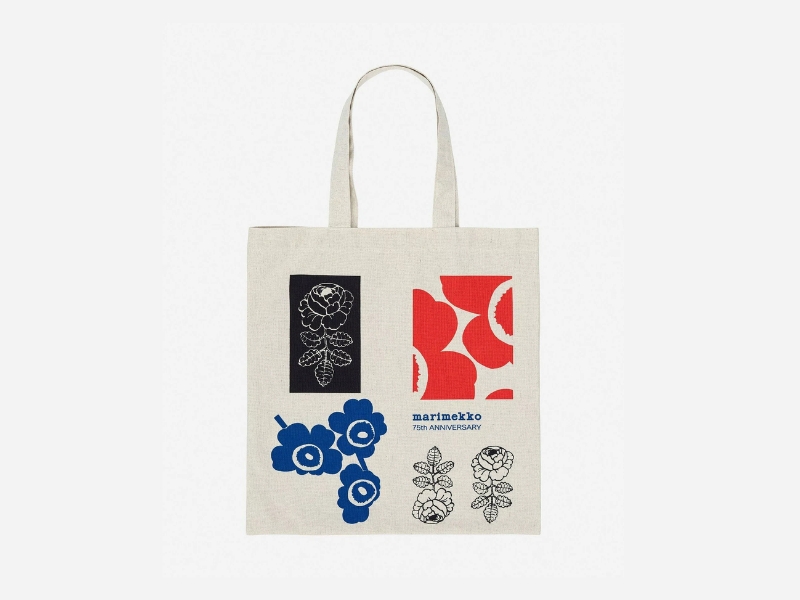 Marimekko Vankka Anniversary large tote bag in off-white, blue and red mixed print, cotton-linen blend Japan-exclusive