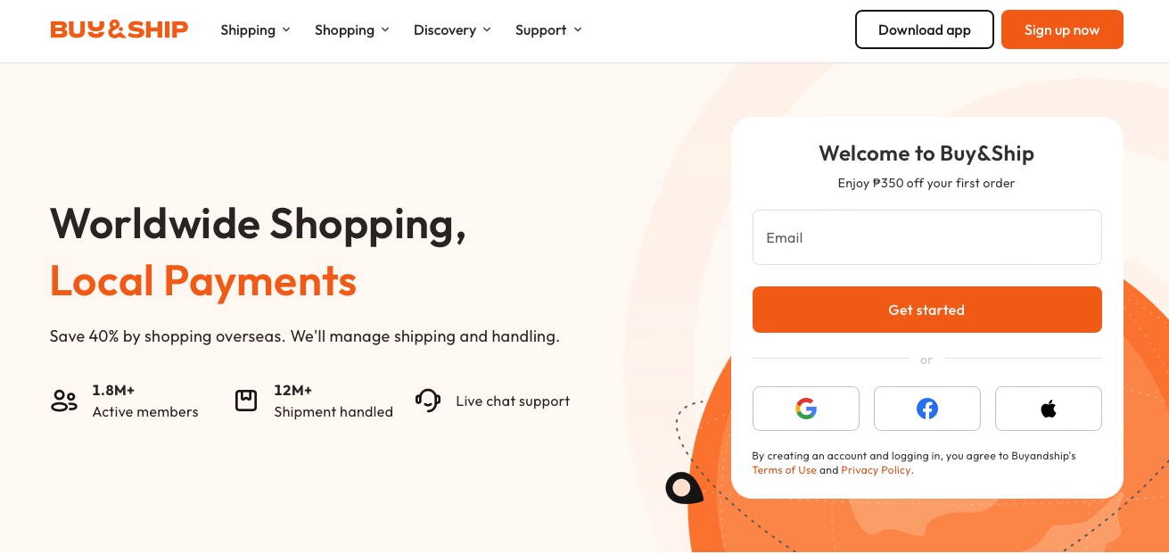 Buy&Ship Philippines homepage sign-up form: enter your email or continue with Google, Facebook or Apple