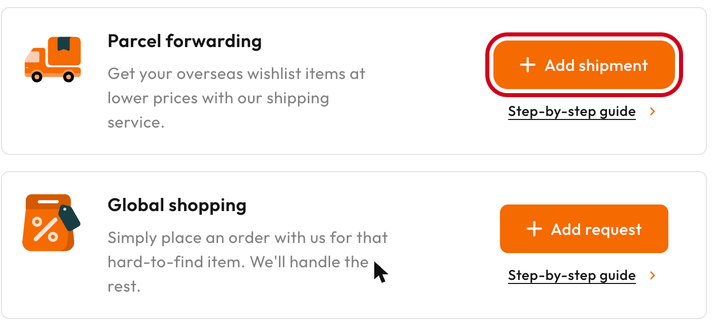 Buy&Ship Member Centre with the Add shipment button highlighted