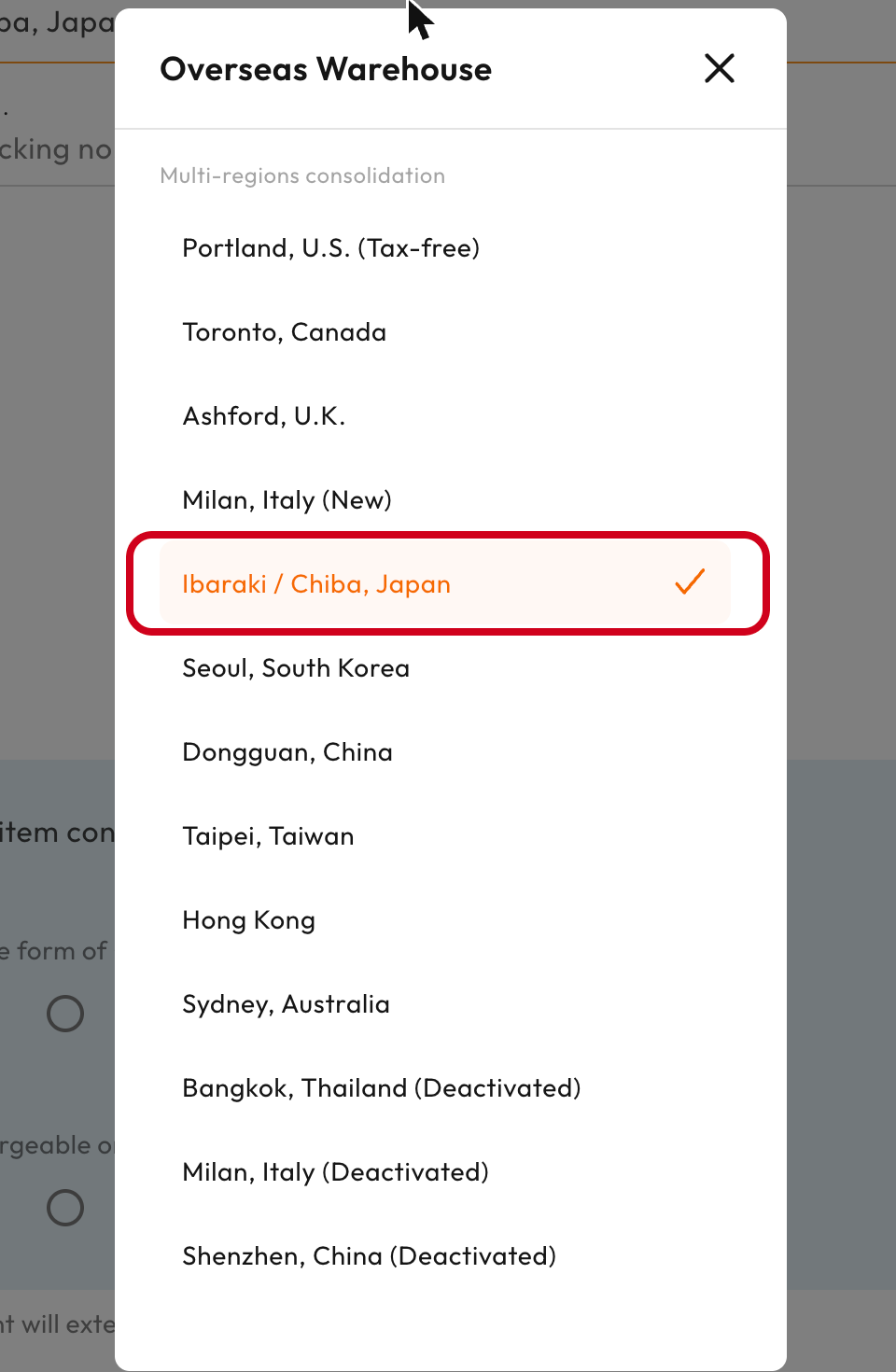 Overseas warehouse list with Ibaraki / Chiba, Japan highlighted