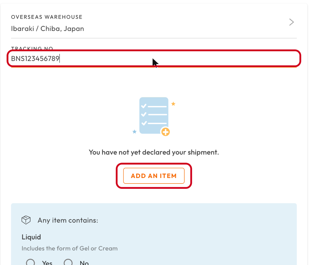Declare your shipment form with the tracking number filled in and the Add an item button highlighted