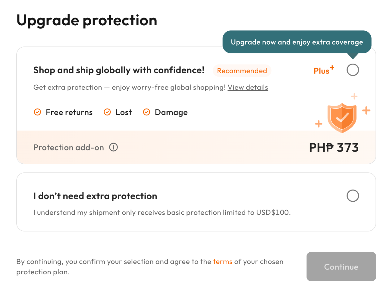Upgrade protection page: Buy&Ship Plus or no extra protection