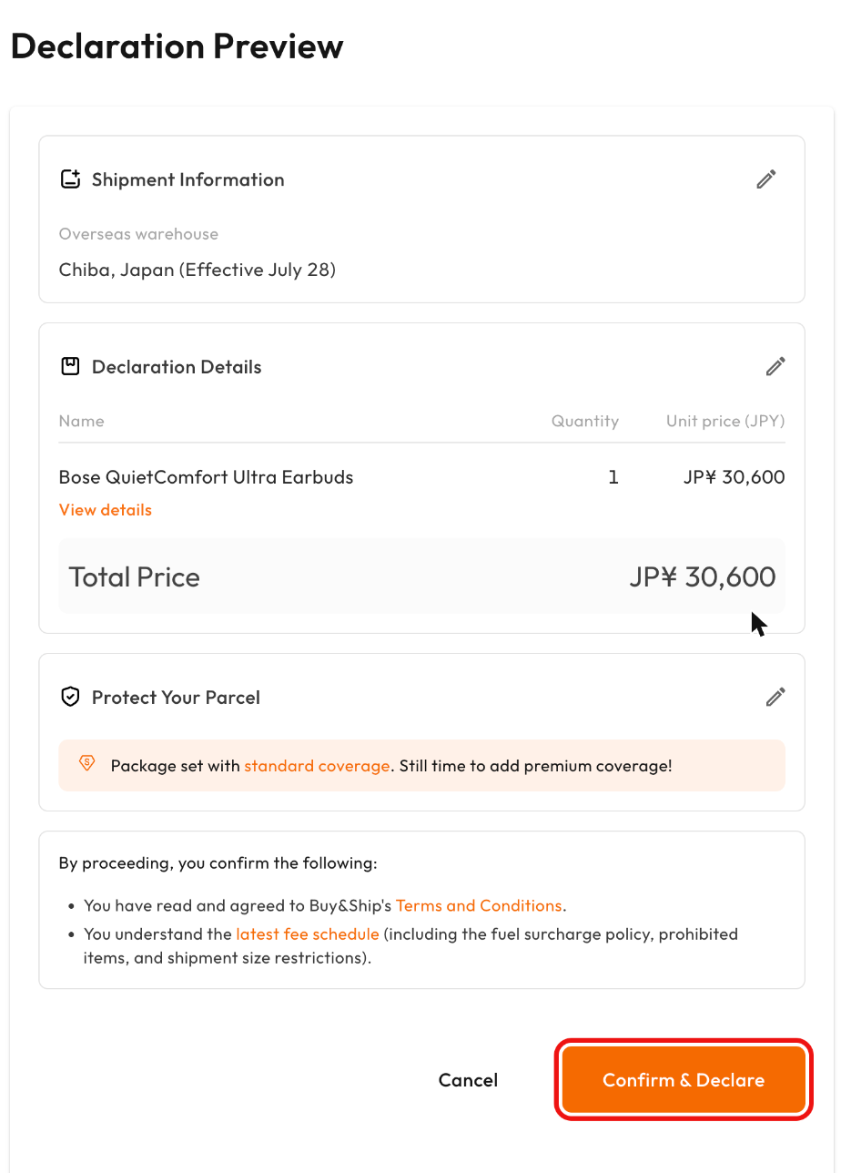 Declaration Preview page with the Confirm & Declare button highlighted